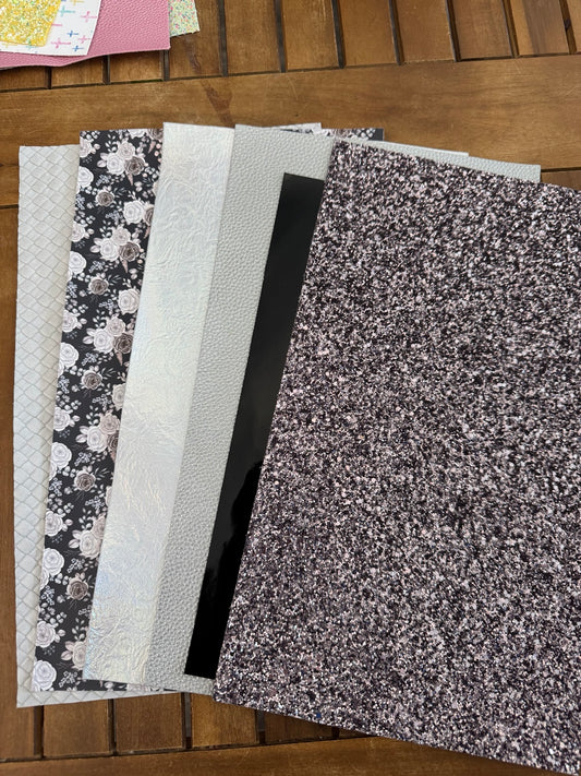 Midnight Pearl faux leather bundle with black floral print, pearly white and silver textures, glossy black and glitter