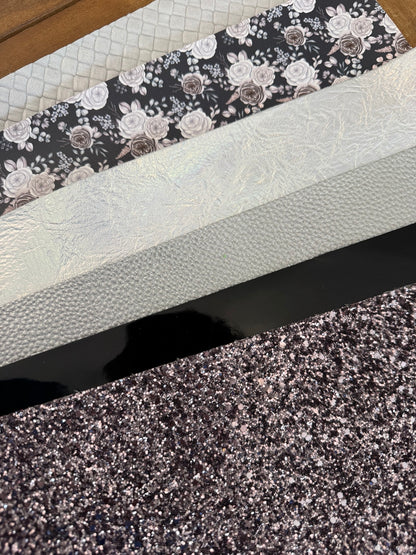 Midnight Pearl faux leather bundle with black floral print, pearly white and silver textures, glossy black and glitter