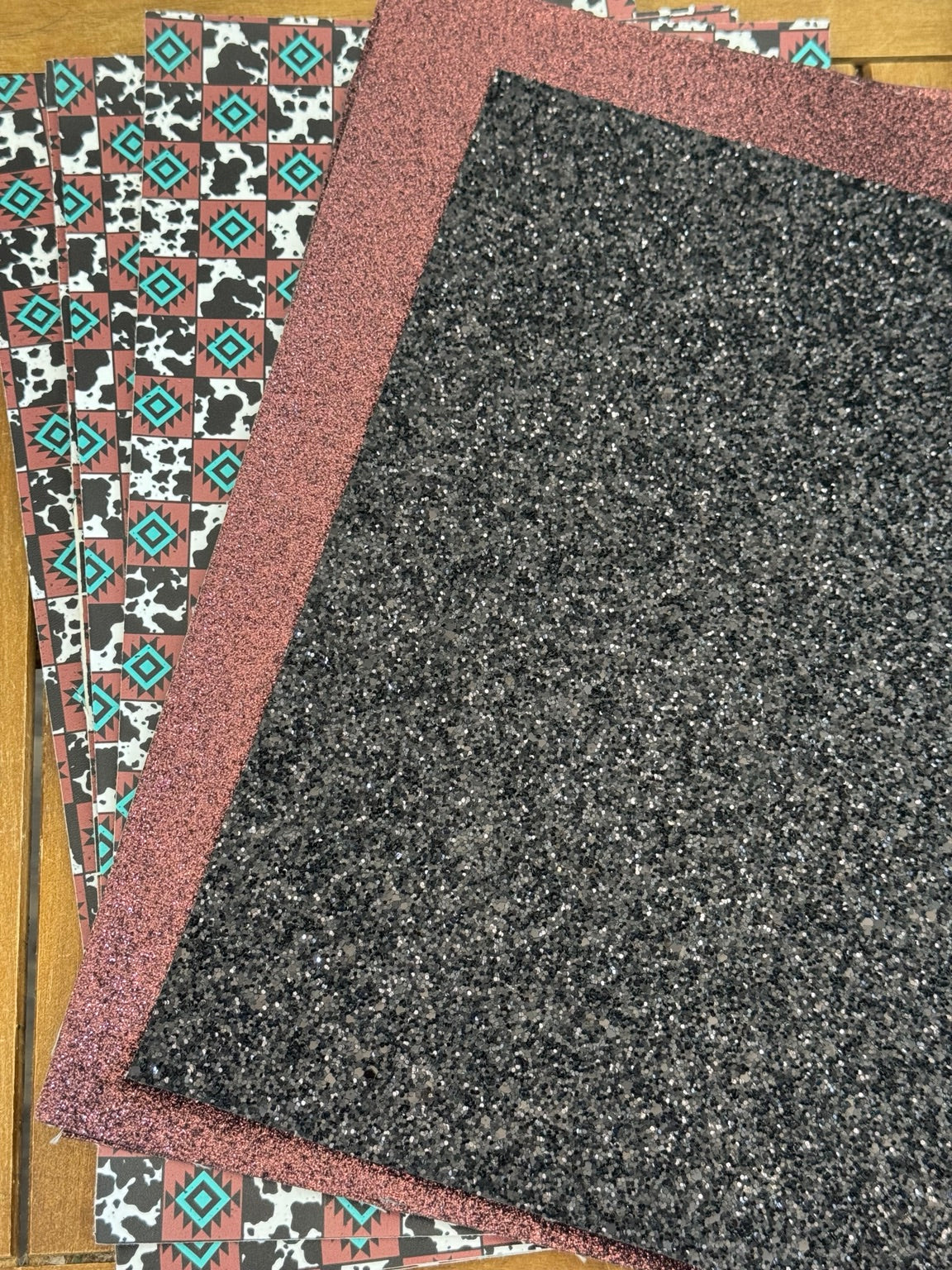 Rodeo Sparkle faux leather bundle with turquoise geometric and cow print squares, copper glitter and black glitter