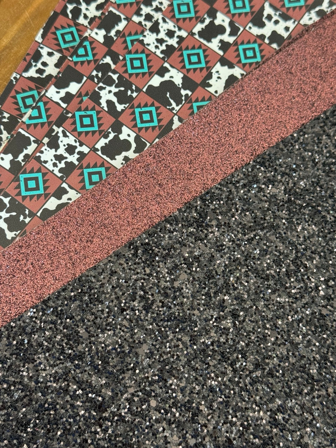 Rodeo Sparkle faux leather bundle with turquoise geometric and cow print squares, copper glitter and black glitter