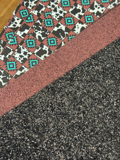Rodeo Sparkle faux leather bundle with turquoise geometric and cow print squares, copper glitter and black glitter