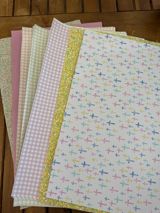 Pastel Blessings faux leather bundle with pastel crosses, gingham, pink texture, yellow glitter and pastel confetti glitter
