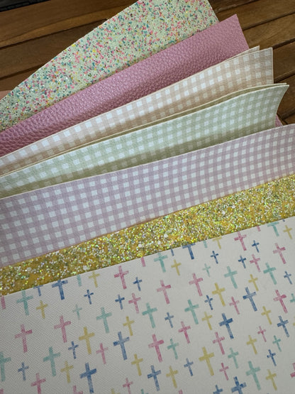 Pastel Blessings faux leather bundle with pastel crosses, gingham, pink texture, yellow glitter and pastel confetti glitter