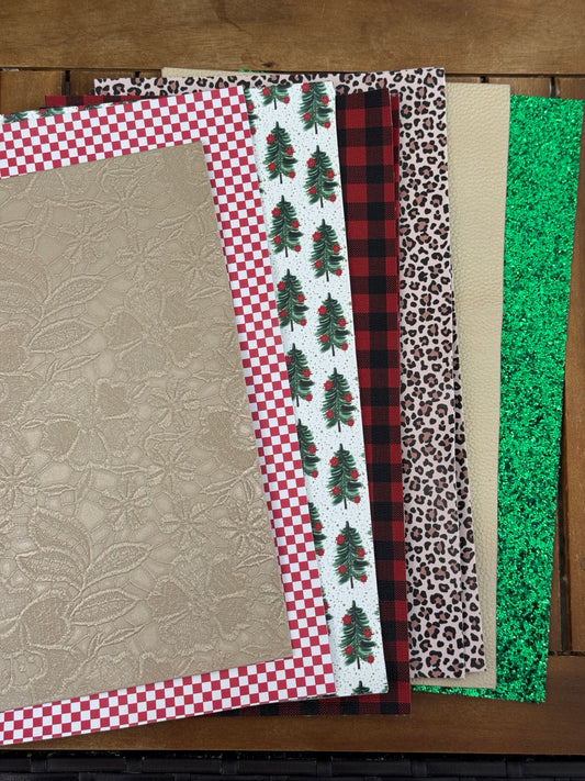 Merry and Wild faux leather bundle with Christmas trees, red checks, buffalo plaid, leopard print, cream textures and green glitter