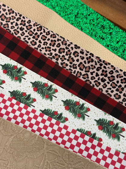Merry and Wild faux leather bundle with Christmas trees, red checks, buffalo plaid, leopard print, cream textures and green glitter