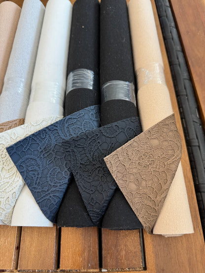 Faux leather lace rolls in assorted metallic, neutral and jewel colors, sold individually