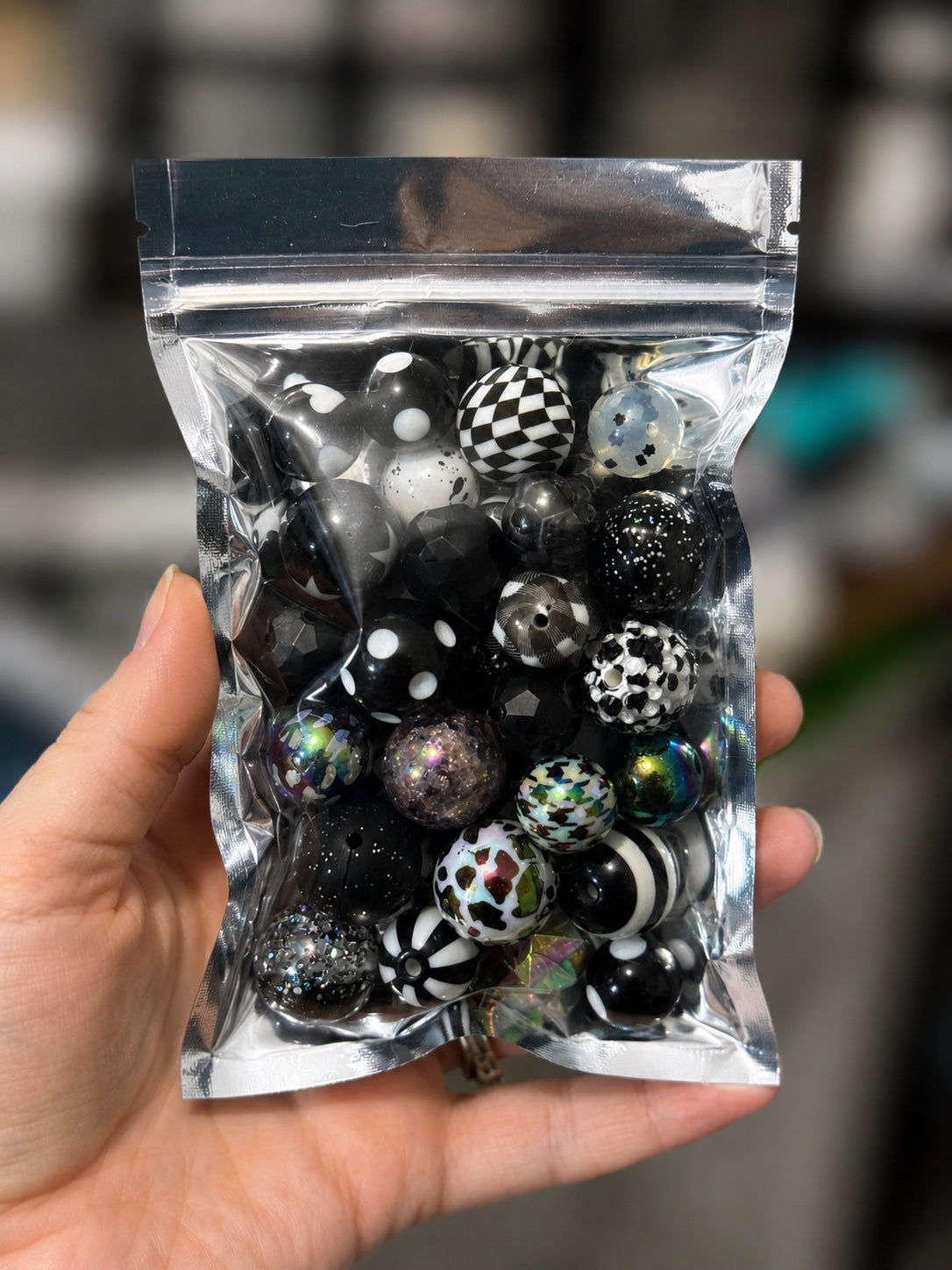 Black & White 35-piece color-themed bead bag with assorted acrylic and silicone beads in mixed shapes and sizes