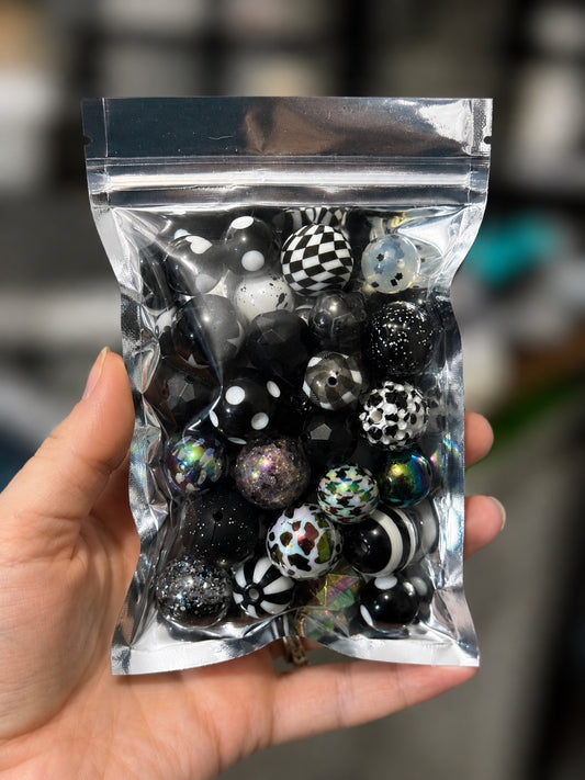 Black & White 35-piece color-themed bead bag with assorted acrylic and silicone beads in mixed shapes and sizes