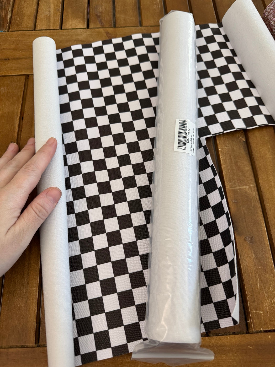 Black and white checker faux leather roll and matching remnant