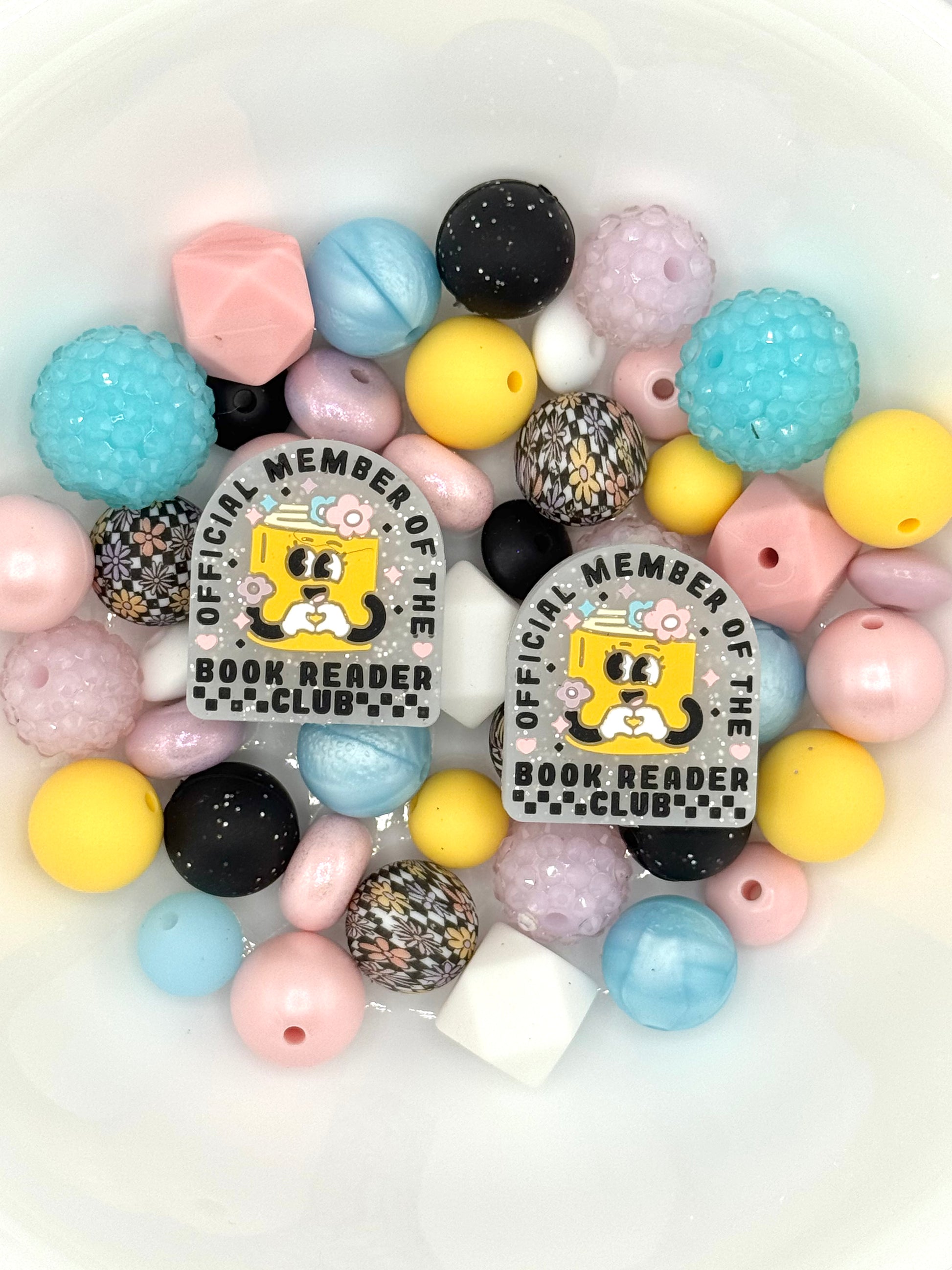 Soft pastel silicone bead mix with book reader club focal beads, ideal for reader keychains, bookmarks, and wristlets