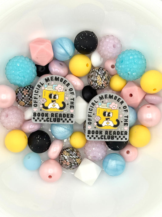 Soft pastel silicone bead mix with book reader club focal beads, ideal for reader keychains, bookmarks, and wristlets
