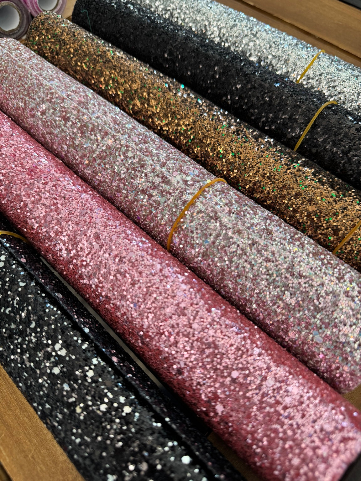 Chunky glitter faux leather rolls in six available colors