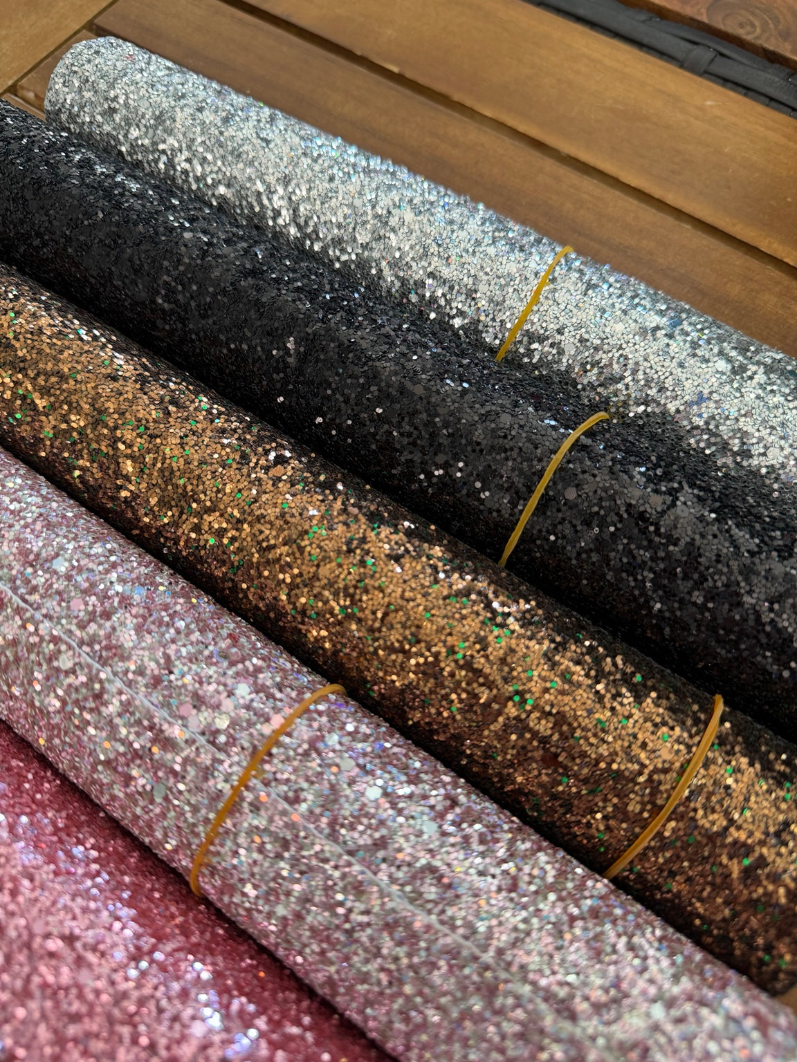 Chunky glitter faux leather rolls in six available colors