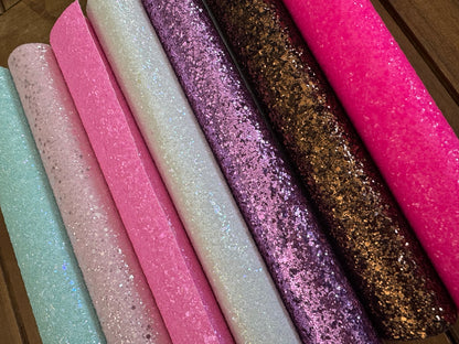 Chunky glitter faux leather remnant rolls in Ice Blue, Baby Pink, Pink, White, Lilac, Brown and Neon Pink