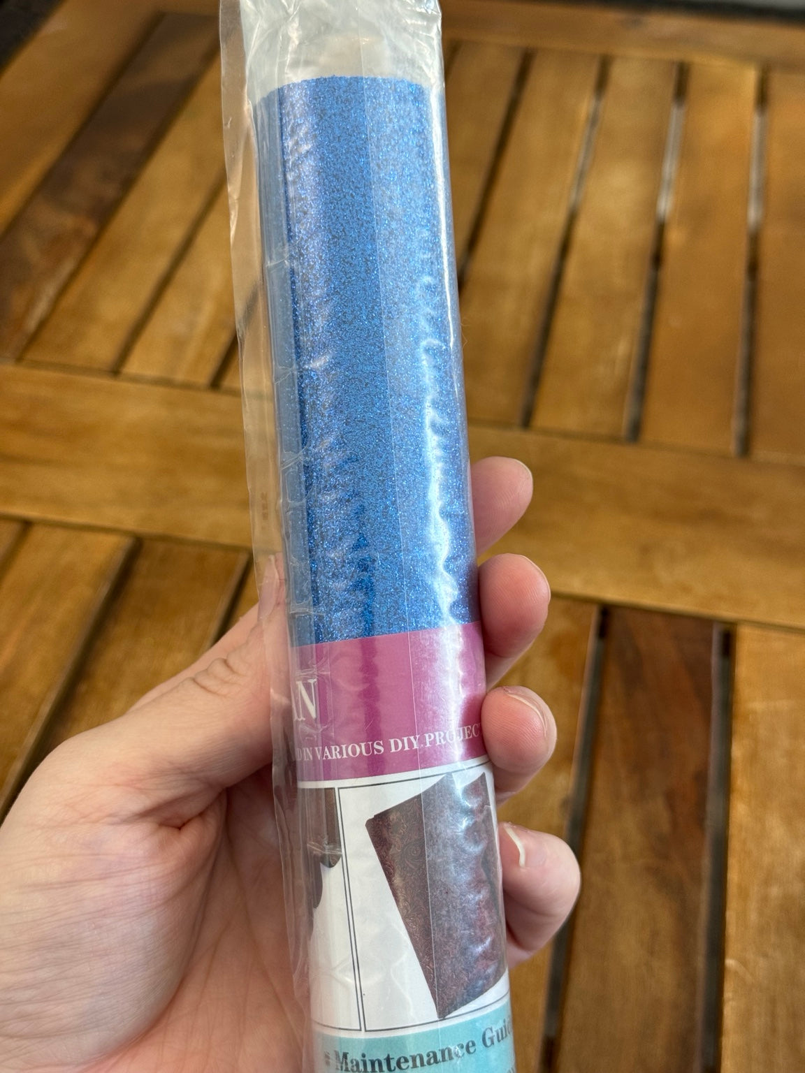 Blue fine glitter faux leather roll in packaging