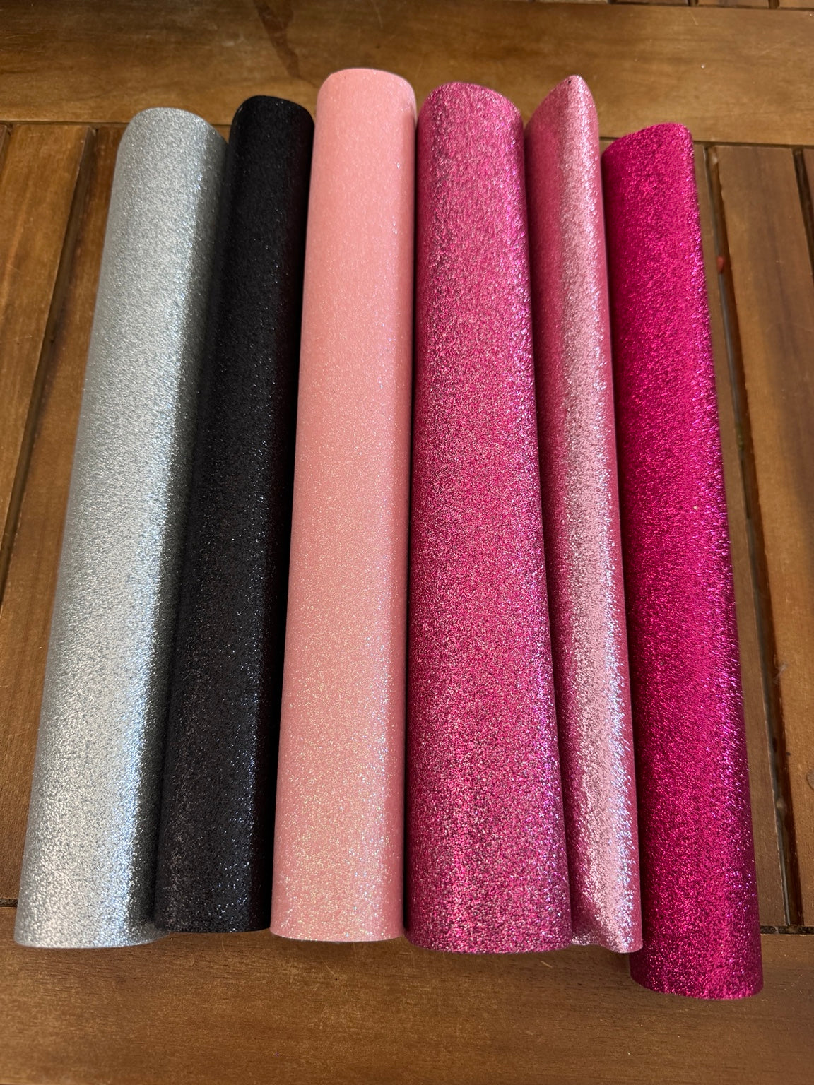Fine glitter faux leather remnant rolls in Silver, Black, Baby Pink, Fuchsia/Silver, Pink and Fuchsia