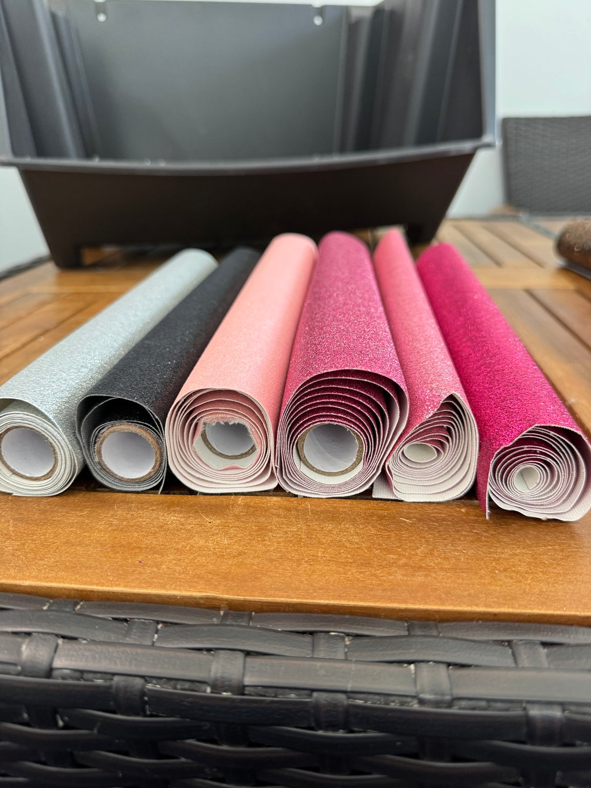 Fine glitter faux leather remnant rolls in Silver, Black, Baby Pink, Fuchsia/Silver, Pink and Fuchsia