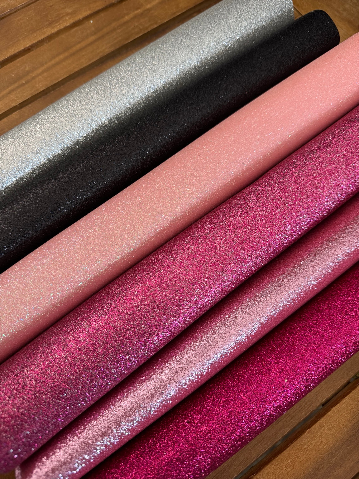 Fine glitter faux leather remnant rolls in Silver, Black, Baby Pink, Fuchsia/Silver, Pink and Fuchsia