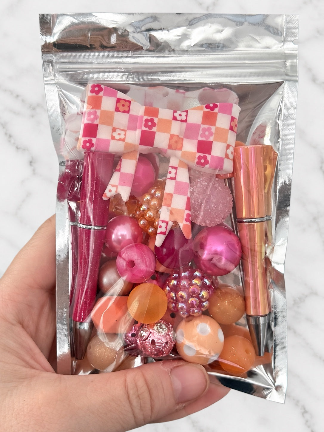 Peachy Petals First Dibs curated pen and bow bead bag