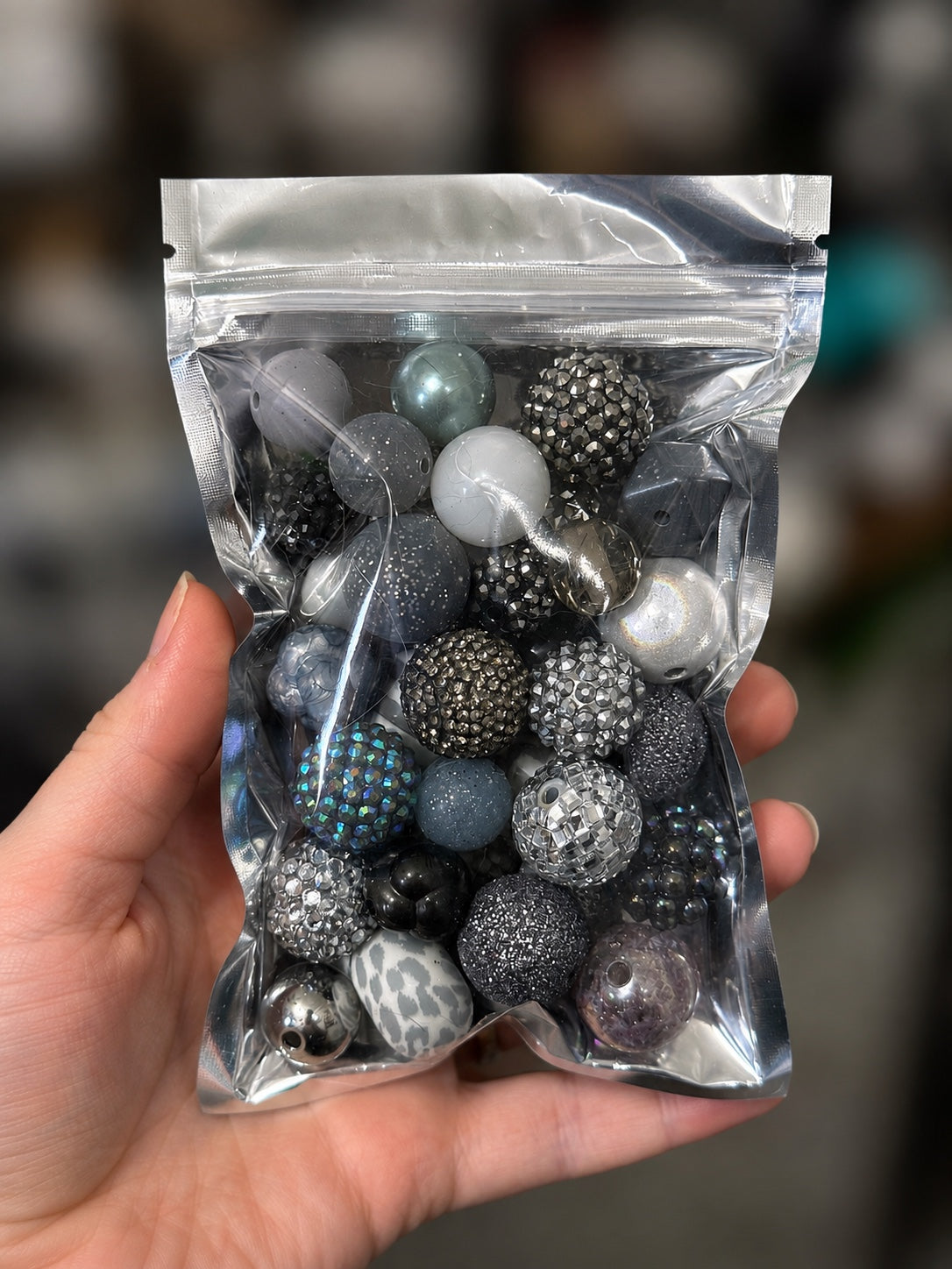 Gray & Silver 35-piece color-themed bead bag with assorted acrylic and silicone beads in mixed shapes and sizes