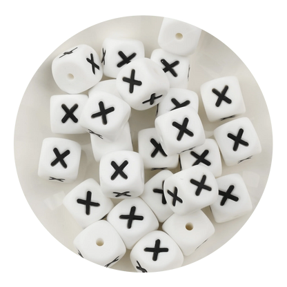 Letter & Number Square Silicone String Beads - White & Black (12mm - 25/bag)