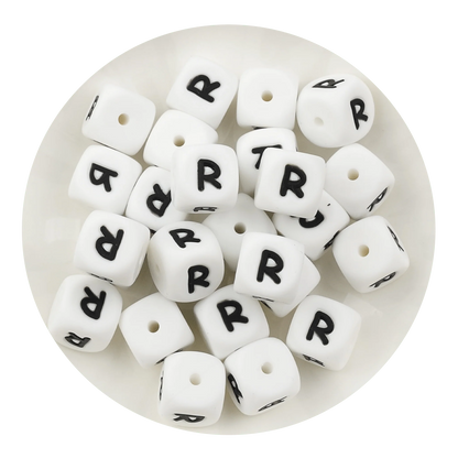 Letter & Number Square Silicone String Beads - White & Black (12mm - 25/bag)