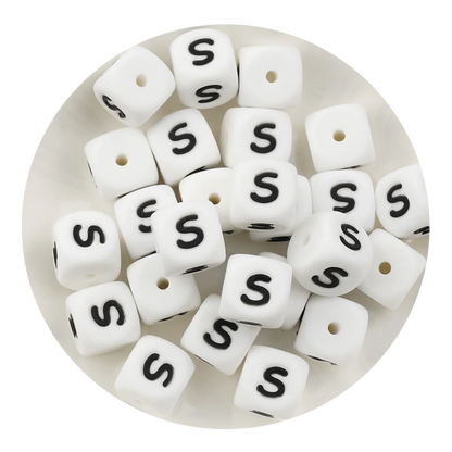 Letter & Number Square Silicone String Beads - White & Black (12mm - 25/bag)