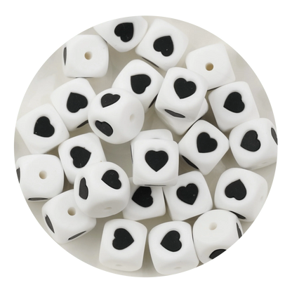 Letter & Number Square Silicone String Beads - White & Black (12mm - 25/bag)