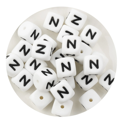 Letter & Number Square Silicone String Beads - White & Black (12mm - 25/bag)