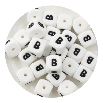 Letter & Number Square Silicone String Beads - White & Black (12mm - 25/bag)