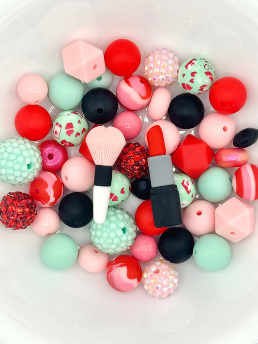 Pink, red, and mint silicone bead mix with lipstick and makeup brush focal beads for beauty themed accessories