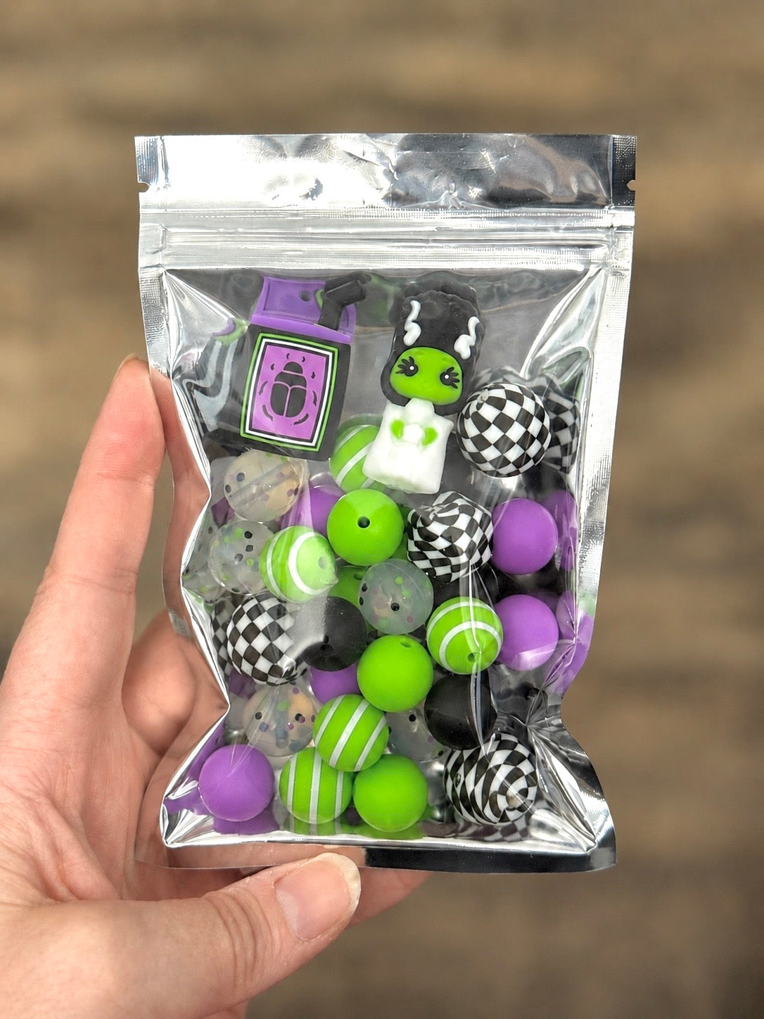 30+ piece lime green purple black and white gothic silicone bead mix with two bride-themed focal beads