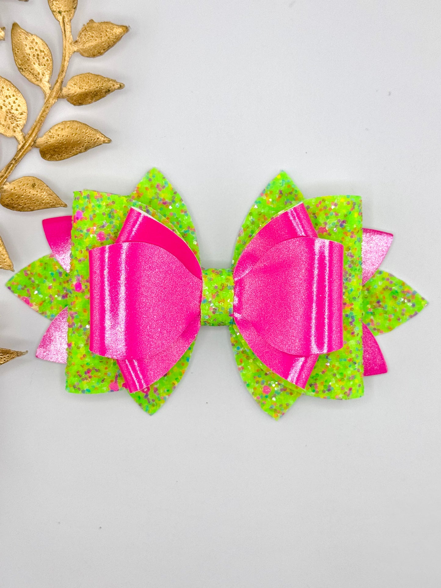 Faux Leather Bow ~ Neon Green Splatter
