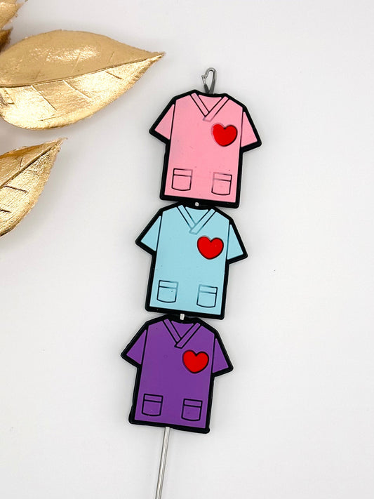 Pink, blue, and purple silicone scrub top focals for nurse and medical crafts