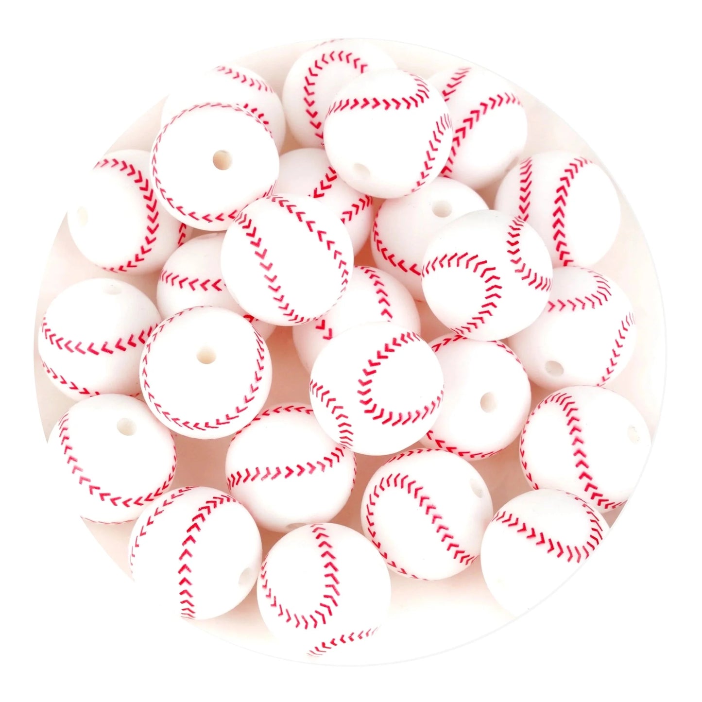 Silicone Focal Bead Round Baseball - White