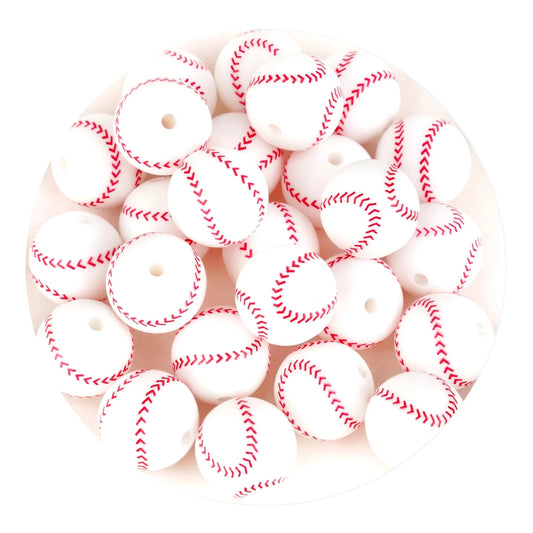 Silicone Focal Bead Round Baseball - White