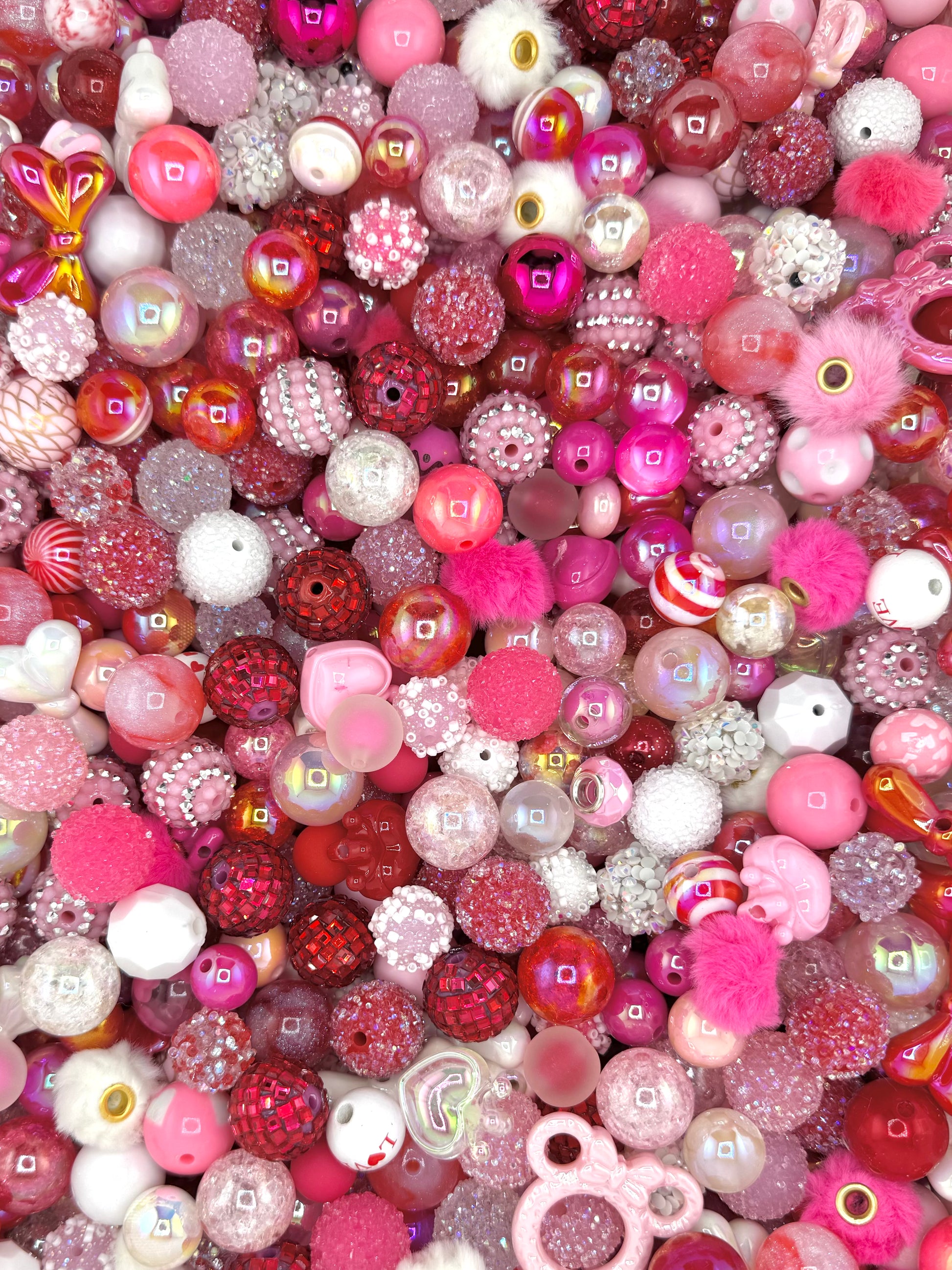 Valentine’s acrylic bead mix scoop with pink red and heart beads for DIY crafts and wristlet making