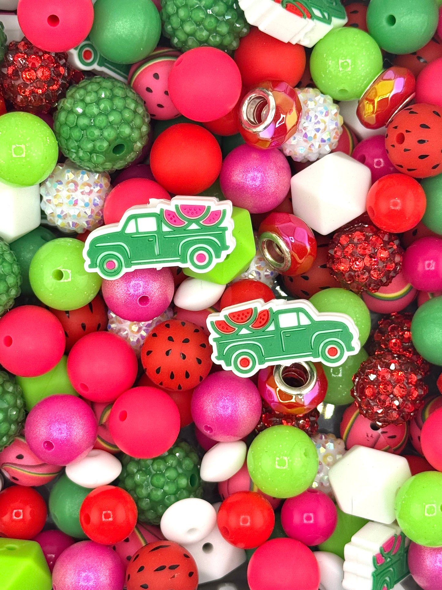 Summer watermelon silicone bead mix with vintage truck focal, pink red and green beads, rhinestone accents for wristlets, lanyards and summer DIY projects