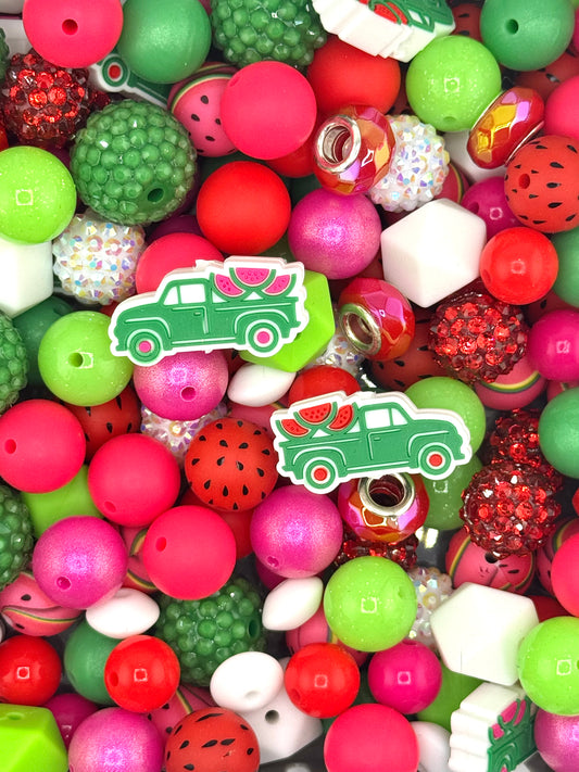 Summer watermelon silicone bead mix with vintage truck focal, pink red and green beads, rhinestone accents for wristlets, lanyards and summer DIY projects