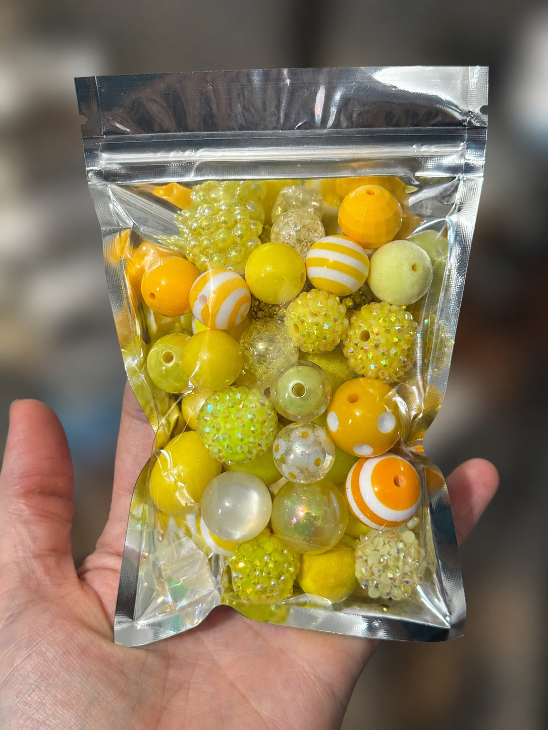 Yellow 35-piece color-themed bead bag with assorted acrylic and silicone beads in mixed shapes and sizes